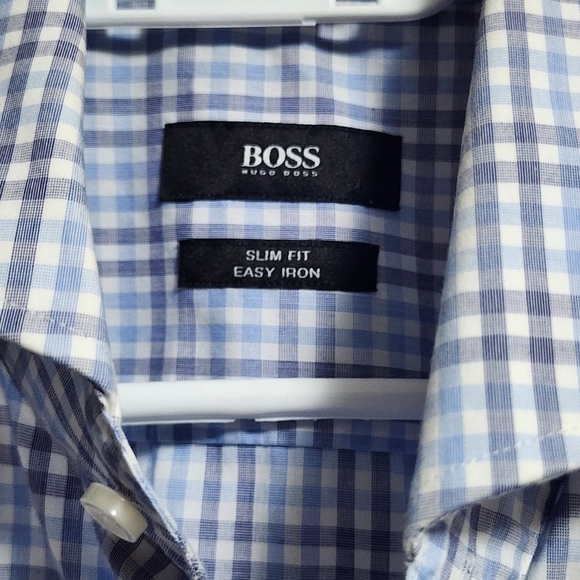 Hugo Boss button-down plaid slim fit shirt color light blue size 38/15 - Picture 4 of 5